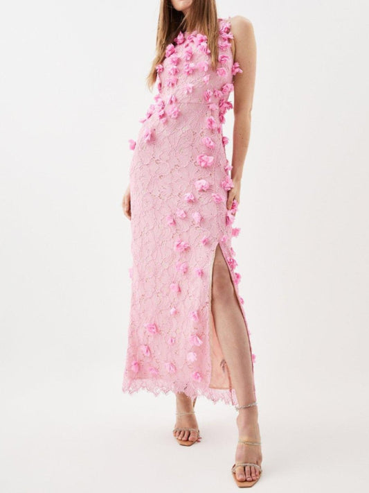 Pink Flower Lace Midi Dress