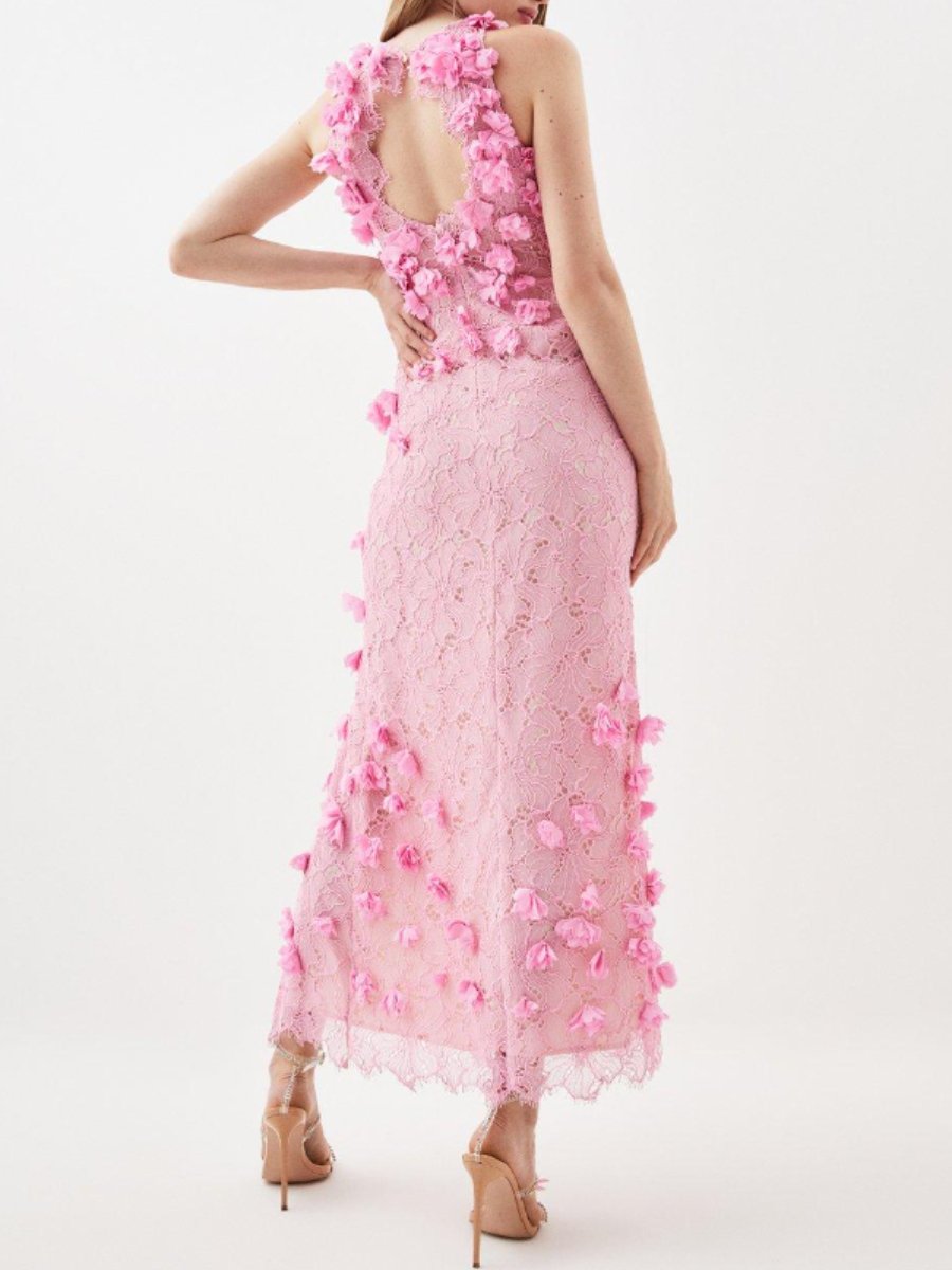 Pink Flower Lace Midi Dress