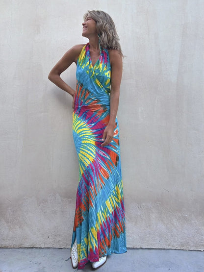 Printed Halter Neck Backless Dress