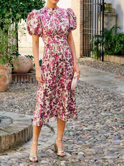 Floral Puff Sleeve Elegant Midi Dress