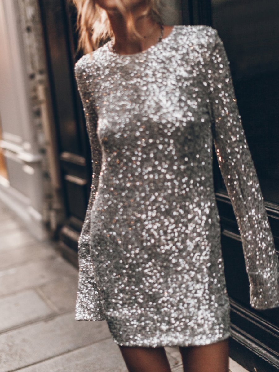 Sequined Glitter Backless Long Sleeve Dress