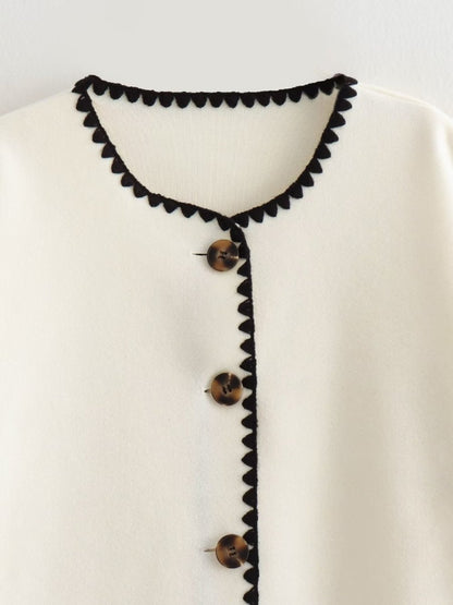 Elegant Button Crewneck Loose Colorblock Knit Jacket