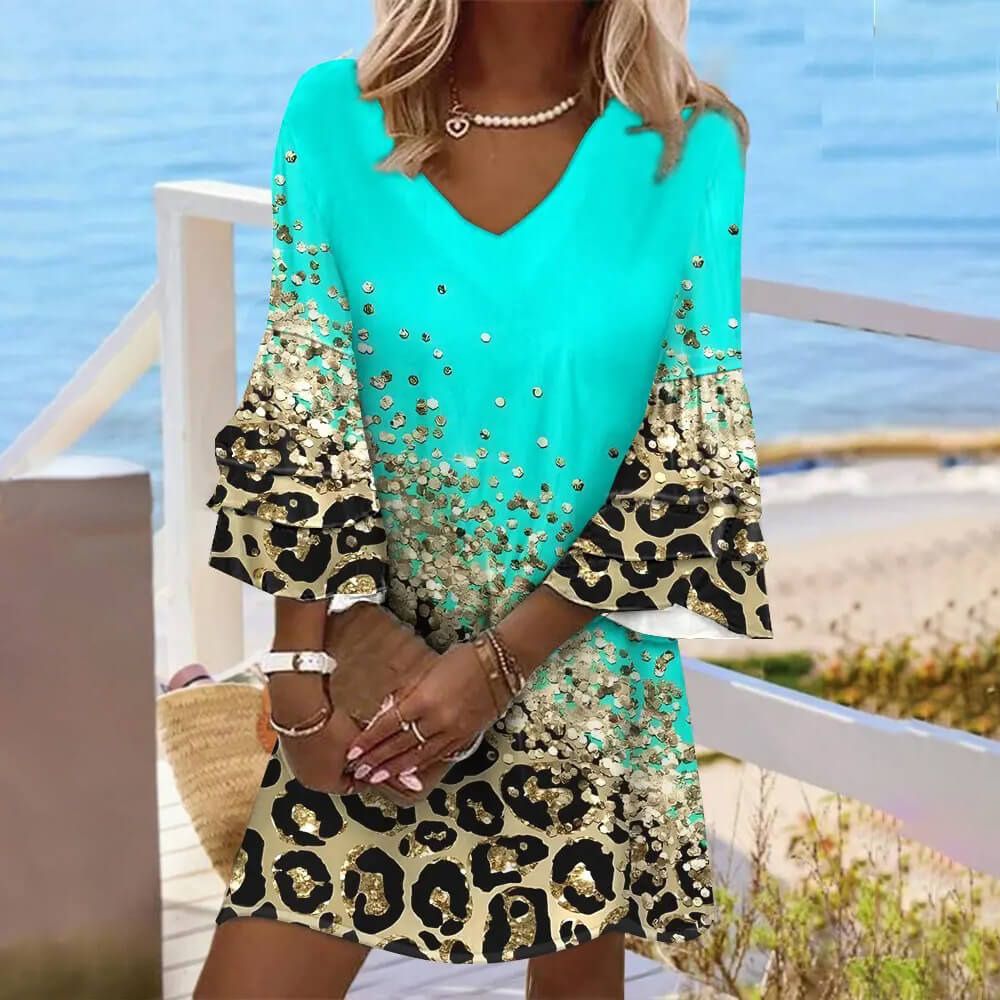 Contrast Leopard Print Bell Sleeve Casual Mini Dress