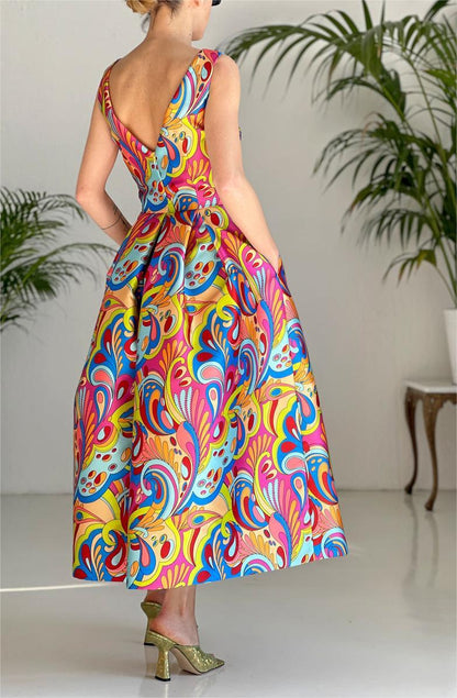 Colorful Cashew Print Midi Dress