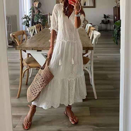 Fresh White V-Neck Eyelet Maxi Dress