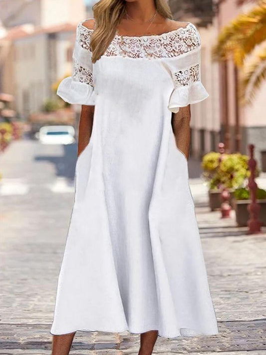 Lace Ruffle Patchwork Off Shoulder Midi Dress