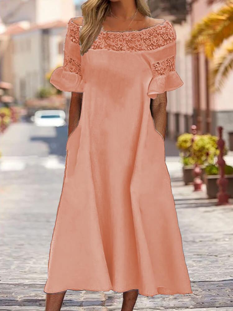 Lace Ruffle Patchwork Off Shoulder Midi Dress